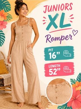 Full circle trends Sleeveless ROMPER in Light Tan juniors XL
Pit 16”
Length 52”